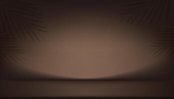 Brown Background,Empty Studio Room with Palm leaves Shadow on 3d Podium Stage for Cosmetic Product Display,Dark Brown Wall Backdrop with Abstract Light Gradient on Floor for Summer Banner vector