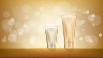 Gold Background with cosmetic skincare tube on podium display stand on blurry bokeh light yellow gold gradient for Summer banner, luxury studio backdrop with spotlight on brown background vector
