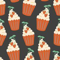 seamless pattern with cherry cupcakes in doodle style vector