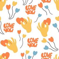 seamless pattern with heart in hand in doodle style vector