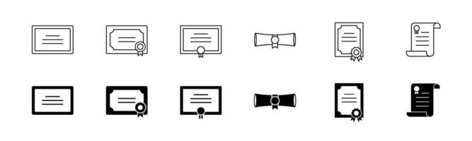 Diploma icon set. Graduation certificate. Outline and glyph diploma roll vector