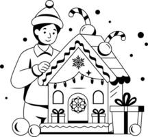 Character based glyph illustration showing a boy decorating christmas home vector