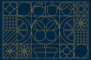 Outline Lemon Pattern, Seamless Line Art Citrus Background with Minimalist Fruits Tree, Tea, etc vector