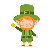 Cheerful Leprechaun with a gold coin. illustration. vector