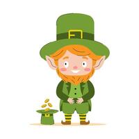 Cheerful leprechaun with a hat full of gold. illustration. vector