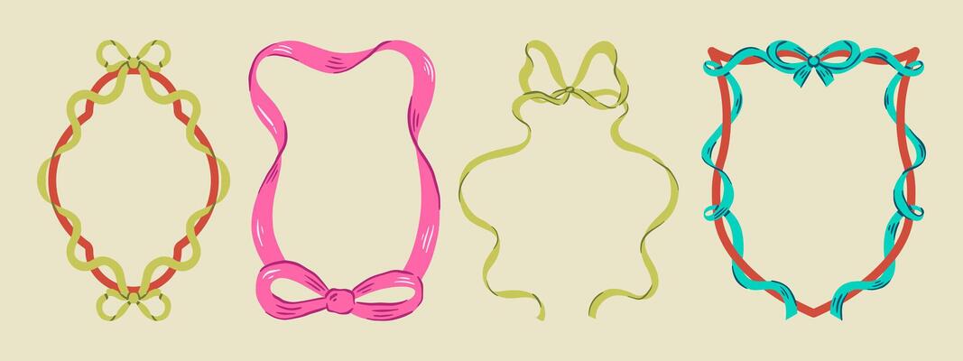 Set off elegant whimsical hand-drawn pink blue orange green color frames with wavy squiggle curly ribbons in trendy, vintage styles. Perfect for quirky holiday, wedding, birthday gift decorations
