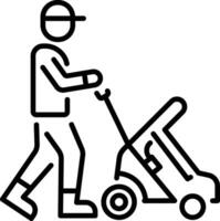 A lien style icon of a character cutting grass with lawn mower vector