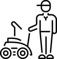 Groundskeeper with lawn mower icon in linear style vector