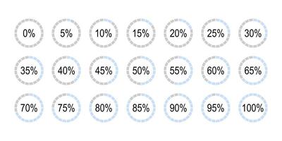 Percentage infographics elements. Blue and gray color fill pie charts indicator template. Circle graph loading progress set. Collection of round diagrams icons for infographics from 0 to 100 percent. vector