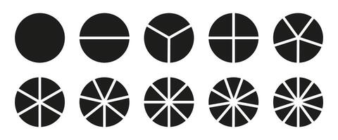 Pie chart. Segmented charts. Many number of sectors divide the circle on equal parts. Set of pie, pizza charts. Segments infographic. Diagram wheel parts. Coaching blank. vector