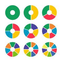 Donut charts. Pizza, pie segmented on from 1 to 9 equal parts. Diagrams infographic multicoloured. Circle section graphs. Wheels divided in sections. Charts round icons layout. Loading bar mockups. vector
