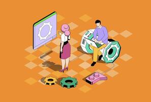 Development web concept in 3d isometric graphic design. Isometry people scene with developer team engineering project prototype with innovations, programming and coding at screen. illustration. vector