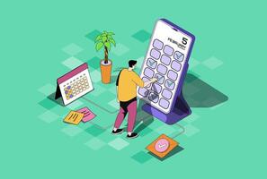 Mobile organizer web concept in 3d isometric graphic design. Isometry people scene with woman planning daily routines in digital calendar, managing work time and productivity. illustration. vector
