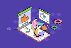 Data analysis web concept in 3d isometric graphic design. Isometry people scene with man working with analytics charts and statistical graphs, examining datum dashboard screens. illustration. vector