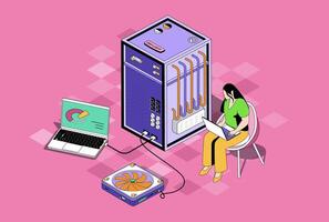 Data centre web concept in 3d isometric graphic design. Isometry people scene with woman working as tech administrators, monitoring system and infrastructure, supporting servers. illustration. vector