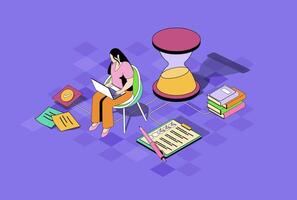 Time management web concept in 3d isometric graphic design. Isometry people scene with woman planning tasks and working time, using checklists, controlling workflow with deadline. illustration. vector