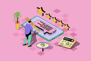 Best feedback web concept in 3d isometric graphic design. Isometry people scene with man customer leaving reviews and comments, evaluating service, give rating with five stars. illustration. vector