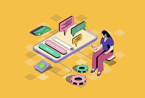 Messaging services web concept in 3d isometric graphic design. Isometry people scene with woman using mobile app for sending emails, chatting with friends, commenting online. illustration. vector