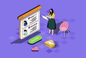 HR process web concept in 3d isometric graphic design. Isometry people scene with woman working as head hunter in company, choosing best candidate with online resume to interview. illustration. vector