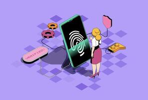 Biometric control web concept in 3d isometric graphic design. Isometry people scene with woman using secure access to mobile phone with id verification and fingerprint scanning. illustration. vector