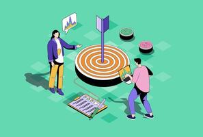 Focus group web concept in 3d isometric graphic design. Isometry people scene with marketing team studying customer audience and behavior for targeting and advertising strategy. illustration. vector