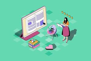 Online reading web concept in 3d isometric graphic design. Isometry people scene with woman reading e-book or textbook at laptop, buying electronic literature at online bookstore. illustration. vector