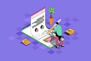 Electronic contract web concept in 3d isometric graphic design. Isometry people scene with businessman signing agreement legal document in digital form with safety verification. illustration. vector