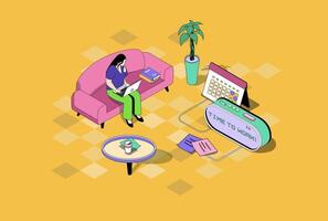 Freelance work web concept in 3d isometric graphic design. Isometry people scene with woman working as freelancer at home office, doing tasks indoors and communicating online. illustration. vector