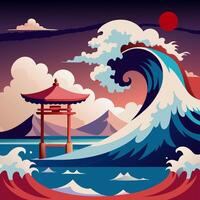 Beautiful Japanese Temple with Enormous Wave and Evening Sky vector