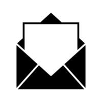 Black open empty email icon with blank letter inside. Mail envelope pictogram vector