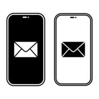 Phone screens with email symbols. Set of black and white message icons vector