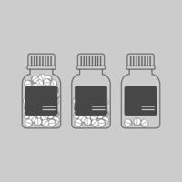 Set of transparent pill containers with varying levels of capsules. Linear pills bottle icon vector