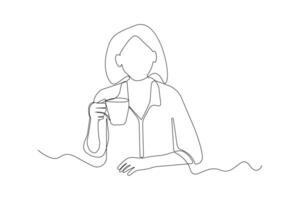 Office worker drinking coffee one-line art drawing. Drinking coffee concept line art background vector
