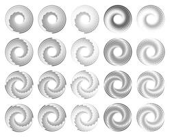 Collection of thick black and white halftone dotted speed lines arranged in circular forms Ideal for frames logos tattoos web pages posters templates and abstract swirl backgrounds in geometric style vector