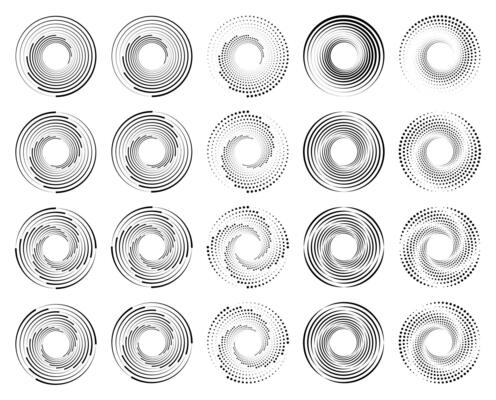 Collection of thick black and white halftone dotted speed lines arranged in circular forms Ideal for frames logos tattoos web pages posters templates and abstract swirl backgrounds in geometric style