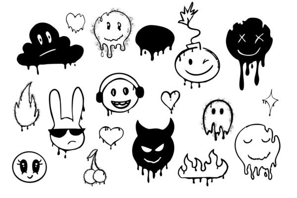 Graffiti Gangster tattoo elements, paint splash, spray. Heart face, skull set. Doodle gunge groovy print crown, cherry, scary kit,.