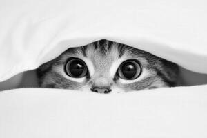 Cat peeking from under white blanket in cozy indoor setting photo