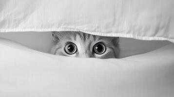 Cat peeking from under pillows in a cozy bedroom setting photo