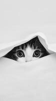 Cat peeking out from under a white blanket in a cozy space photo