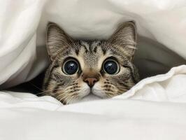 Curious cat peeking from underneath cozy blanket photo