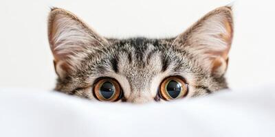 Curious cat peeks over a blanket in a cozy home setting photo