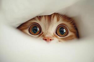 Curious kitten peeks out from beneath soft cloth photo