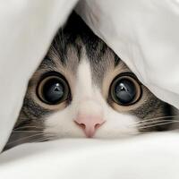 Curious cat peers from under white blanket during daytime photo