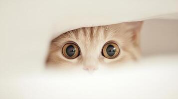 Curious kitten peeking from under a soft blanket photo