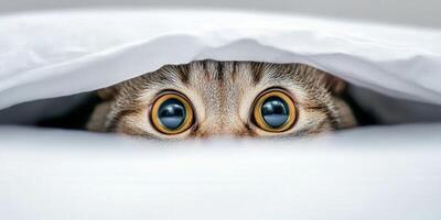 Curious cat peeks from under a blanket in cozy setting photo