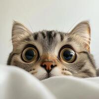 Curious cat peeking from under a blanket in a cozy space photo