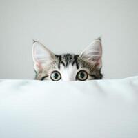 Curious kitten peeking over a fluffy pillow photo