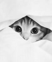 Curious cat peeks from behind white bedding in cozy setting photo