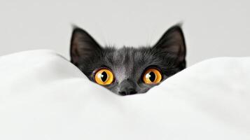 Curious black cat peeking from behind white blanket photo