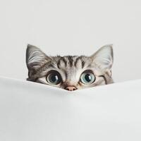 Curious kitten peeking over a white surface indoors photo